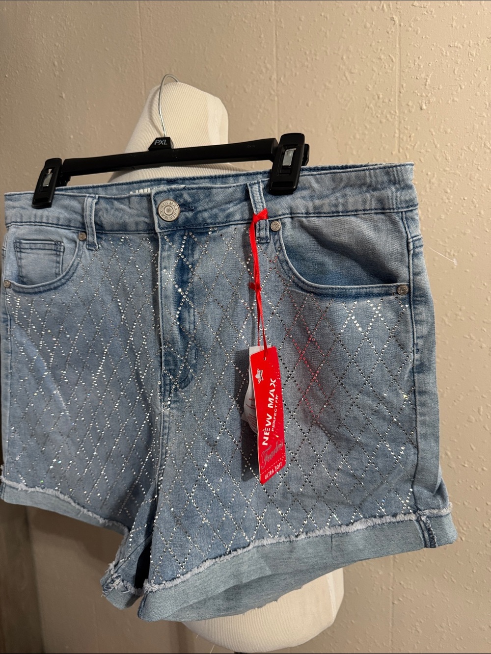 Women's Light Blue Denim Shorts with Studded Diamond Detail - Picture 2 of 8